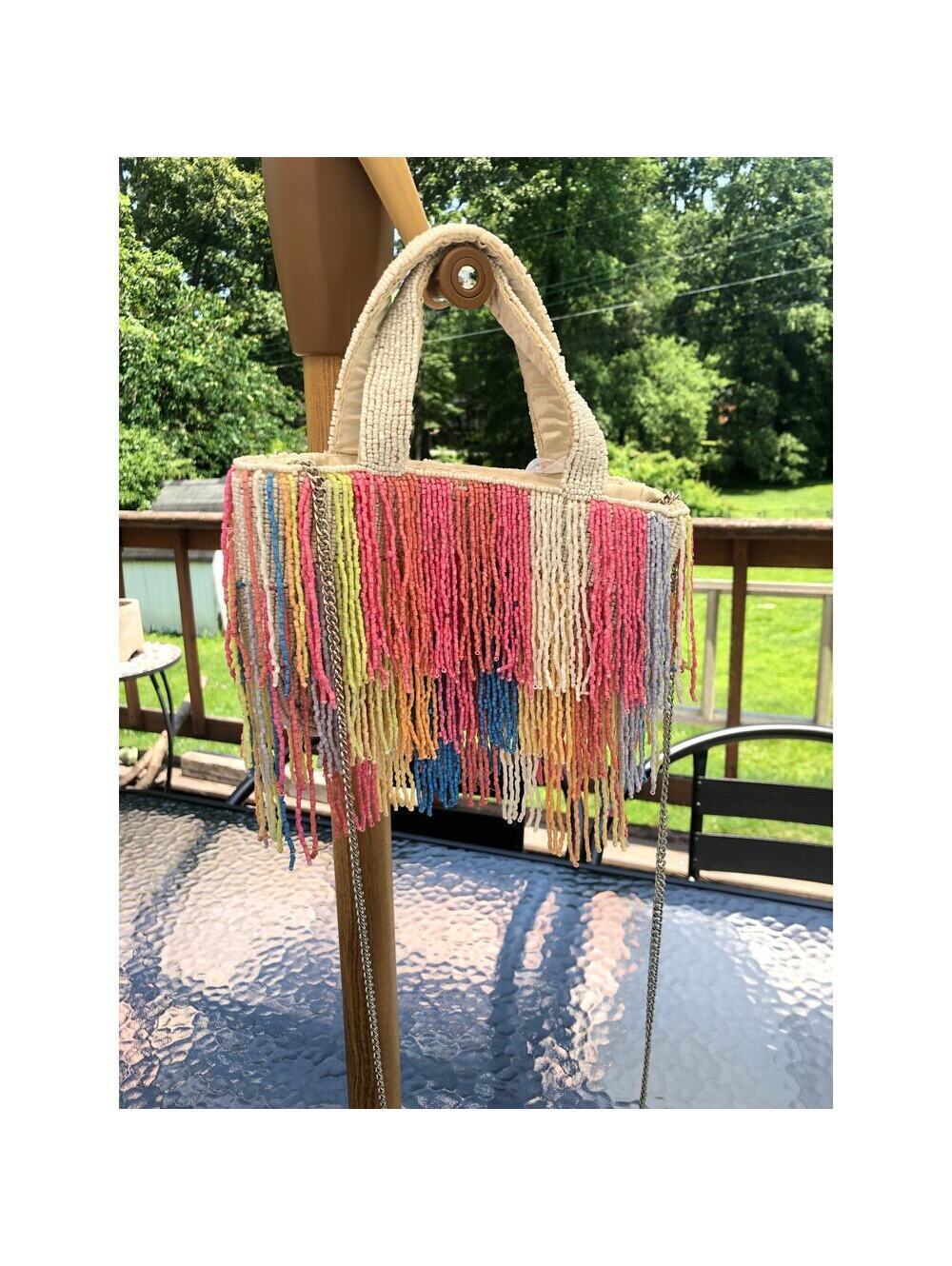 Beaded Multicolor Cream Fringe Bag Viral Beaded Statement Bag Marshall's NWT